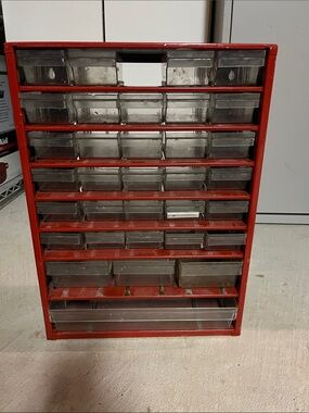 Red Small Parts Storage Cabinet Metal with Clear Drawers for Crafts, Office